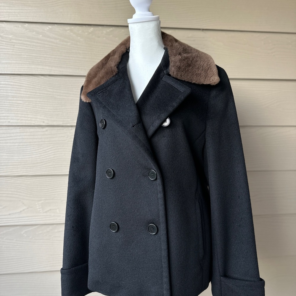 MaxMara Camel Hair Jacket Detachable Fur Collar Black Italy Woman’s Size 10 - Picture 1 of 14